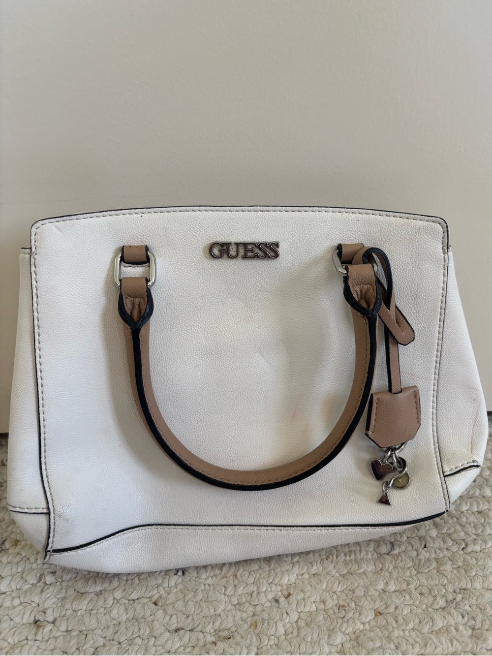 GUESS White Satchel with Brown Monogram Wallet and Tan Trim